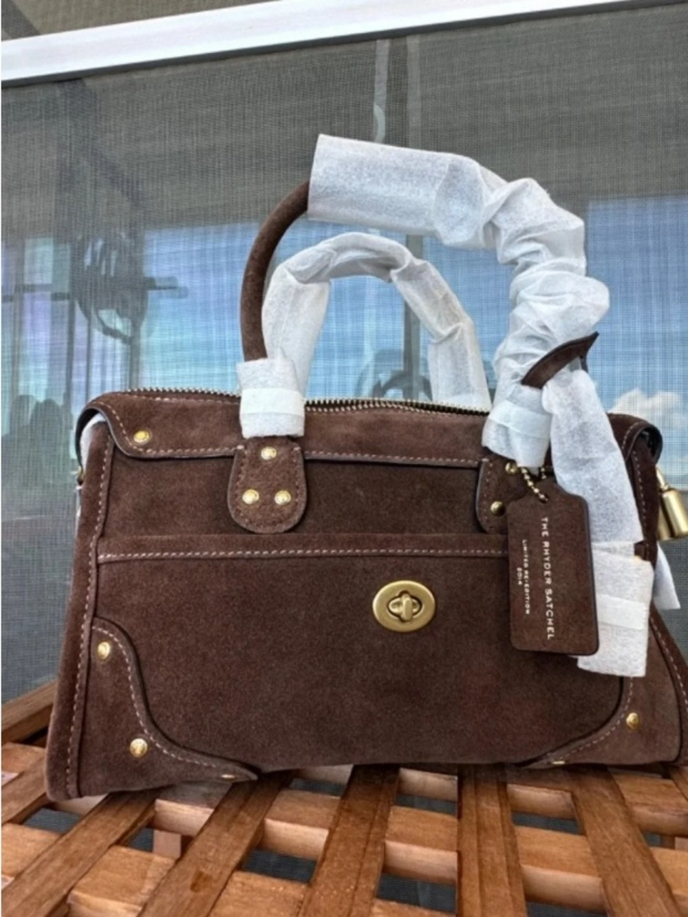 New Coach Bag Brown Suede Top-Handle Satchel with Gold Hardware